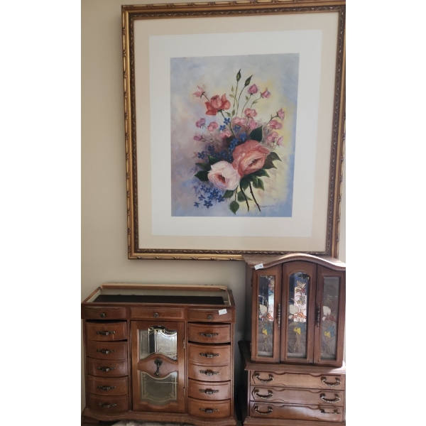 Jewelry Boxes: 17.5 W, 6 D, 14.5 T (Lid Missing) and 11.5 W, 6 D, 20 T, Roses Print 26 X 30
