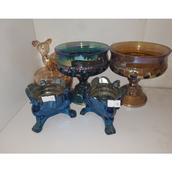 Vintage Glass- Two Goblet Bowls 5" Diameter Top, 5 T, Bird Candleholders and Deer Jar w/ Lid
