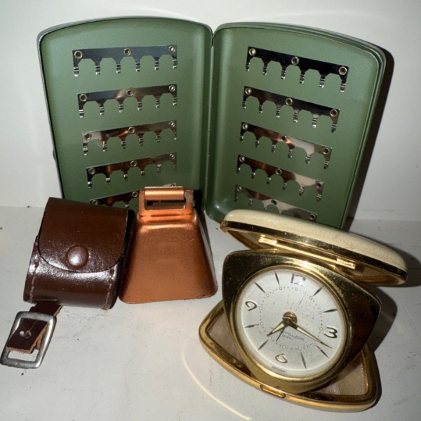 Antique Automatic Desk Clock 5T w/ Fly Fishing Tackle Box Copper Cow Bell & More