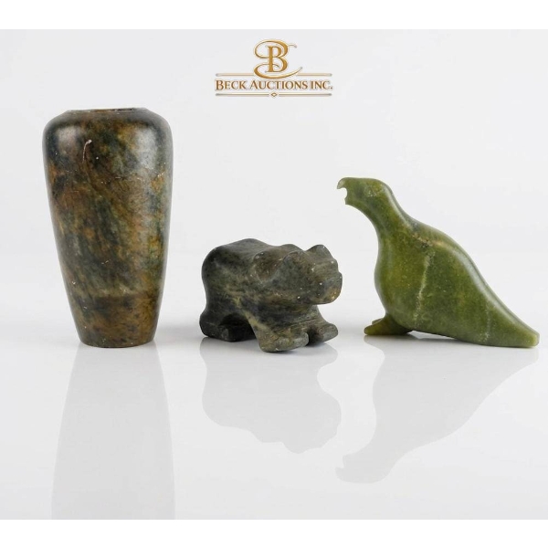 Three Carved Stone Figurines Including Bird, Vase, and Bear