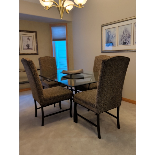 Glass Top Dining Table with 4 Upholstered Chairs and Extra Fabric
