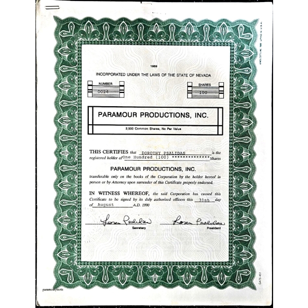Vintage Stock Certificate (1990, Paramour Productions, Inc.) #1