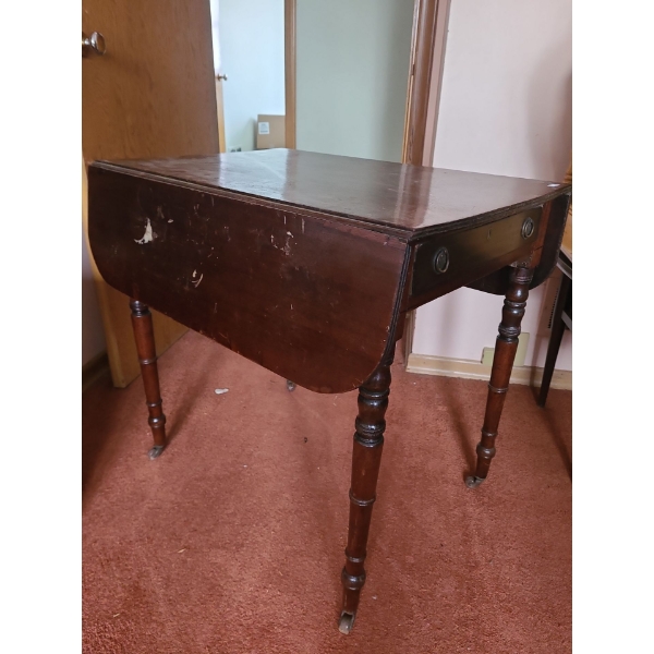 Dark Wood Table on Wheels with Drawer- With Side Flaps Opened 37 L,  29 W,  27 T