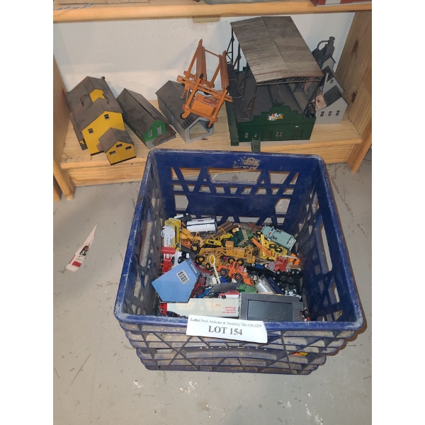Assorted Model Railroad Buildings Incl: Valley Building and Milk Crate of Die Cast Vehicles