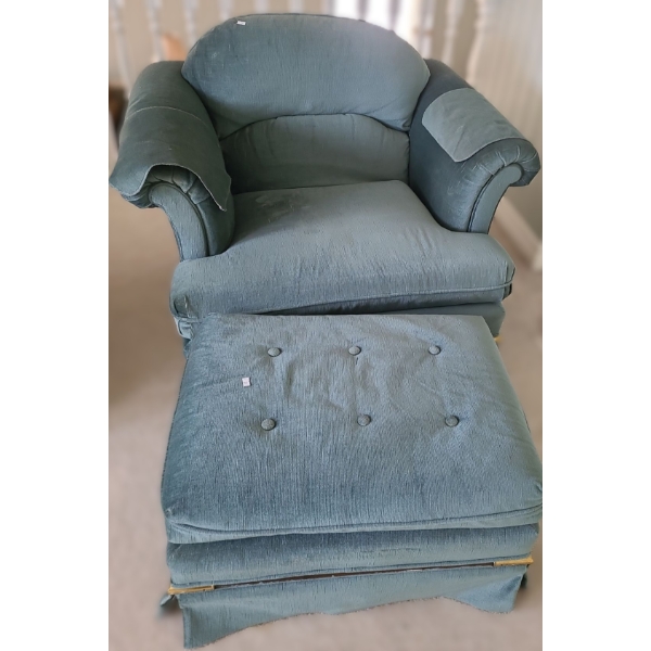 Teal Fabric Chair 39 W, 31 D, 30 T w/ Footstool 26 W, 18 D, 15 T 