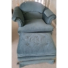 Image 1 : Teal Fabric Chair 39 W, 31 D, 30 T w/ Footstool 26 W, 18 D, 15 T 