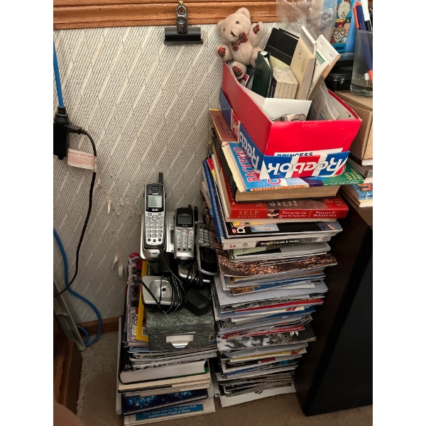  Stationary overload, fax machine with paper, loads of pens, paper and digital tech cordless phones.