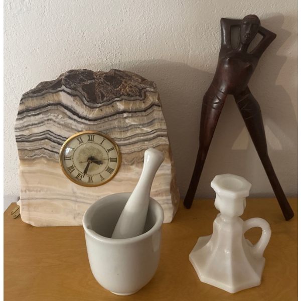 Zebra Calcite Mantel Clock w/ Erotica Nude Woman Nut Cracker 11T Mortar & Pestel & More