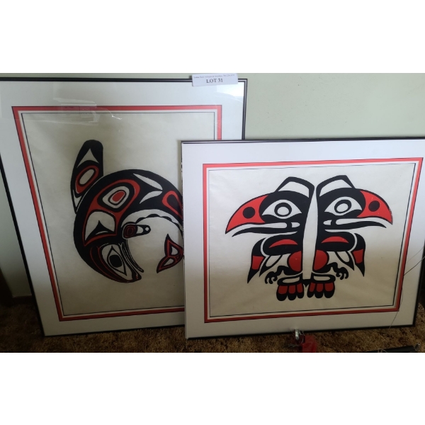 Pair of Indigenous Paintings.  Eagle 27 w, 23 l.  Whale 23 w, 22 h