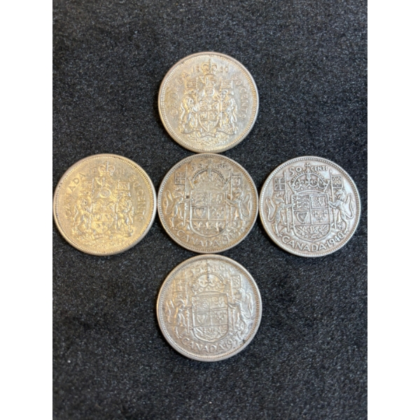 5 Canadian silver 50 Cent pieces  80% pure silver 58.30g various years