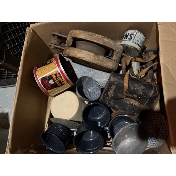 Selection of antique cups pulls tins, serving ladles, and a wine bottle opener