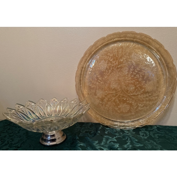 Large Louisa Marigold Carnival Glass Plate & Pedal Bowl w/Metal Stand  Fenton Glass Co.
