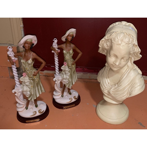 Pair of Anmol Collection Statues 16 T and Resin Bust of Woman's Head 18 T