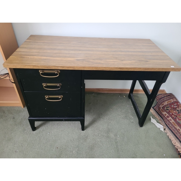 Heavy Wooden Desk with Black Painted Finish and Brown Laminate Top  47 L, 29 T, 23 W