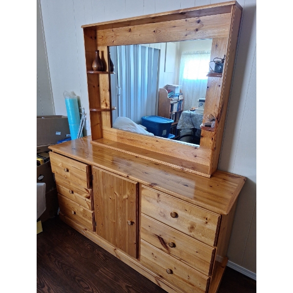 Bedroom Furniture Includes Bedframe, 2 end tables, Hutch/Dresser/Mirror