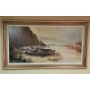 Image 1 : Vintage Oil On Board Seascape Painting of "Beached Boats' By Russel Moreton