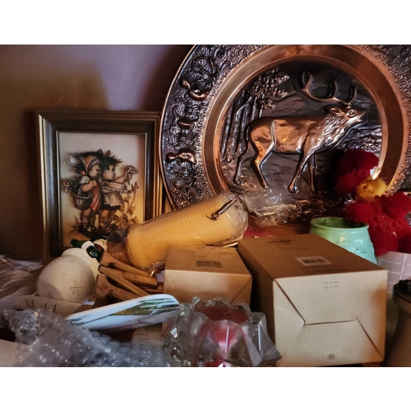 Assorted Decor: Metal Plate 17" Diameter, Willow Tree Ornaments, Candle and More!