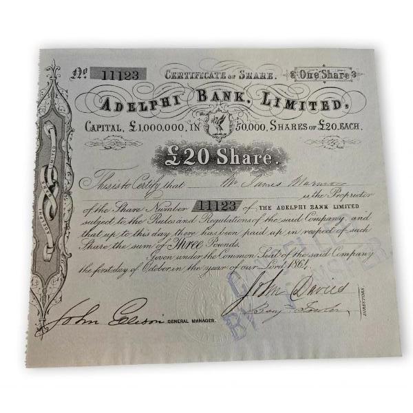 Vintage Share Certificate For One Share In The Adelphi Bank Limited A Liverpool-Based Bank.