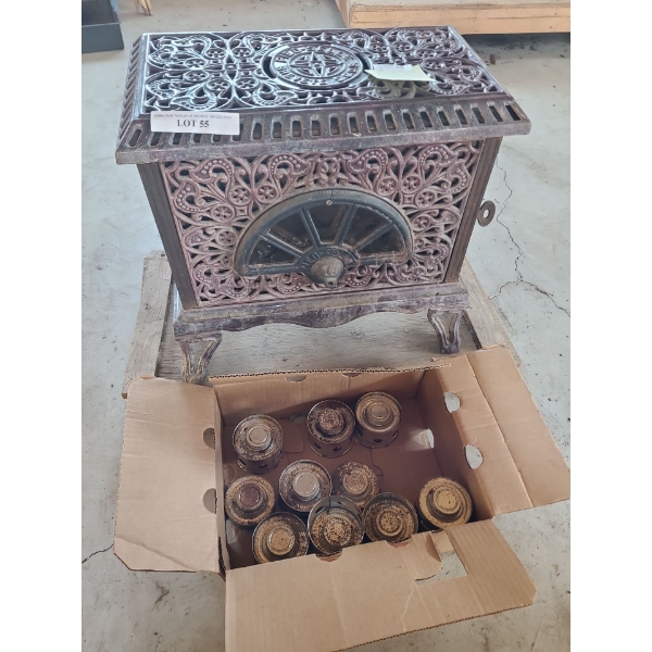 Antique Pied Selle Aubergine Colour Multi-Fuel Cast Iron French Stove. 21 w, 21 h, 12 d