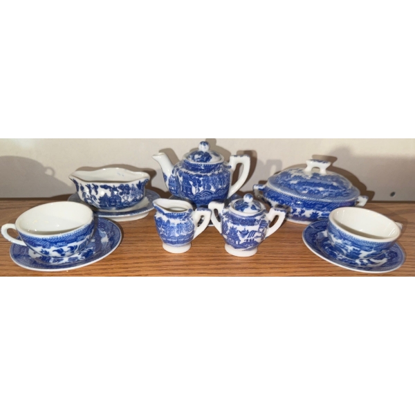 Mini Blue Willow Tea Set - Chinoiserie Design - Includes Gravy Boat & Croc