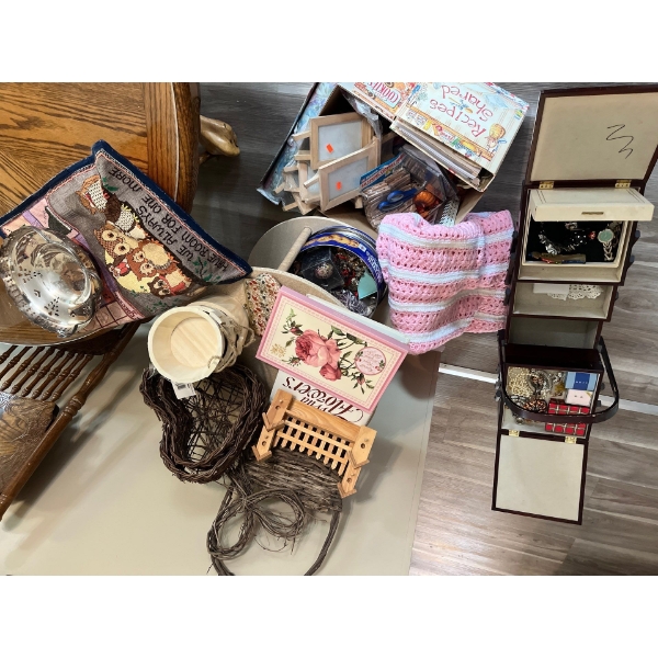 Collection of art supplies, and costume jewellery with beautiful wood sewing box, including contents