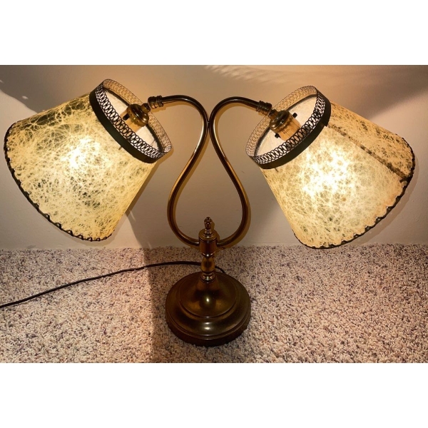 Vintage Brass Double Armed Gooseneck Style Table Lamp W/Textured Shades