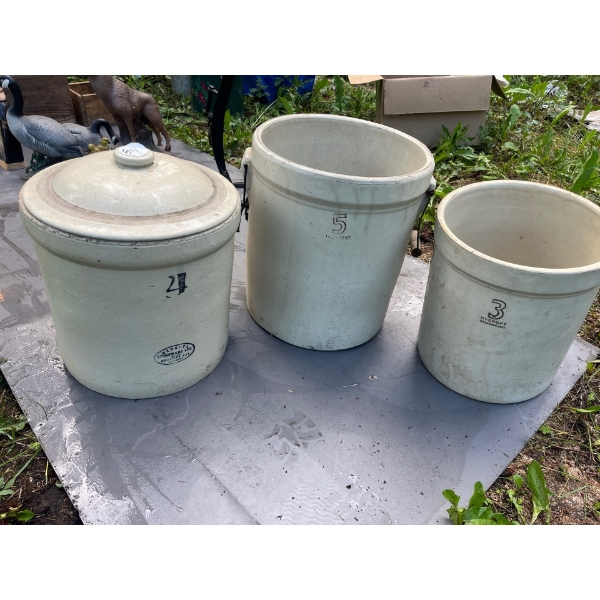 Three crocks one has a lid They are size 3,4,5 from Medalta made in Alberta Medicine Hat