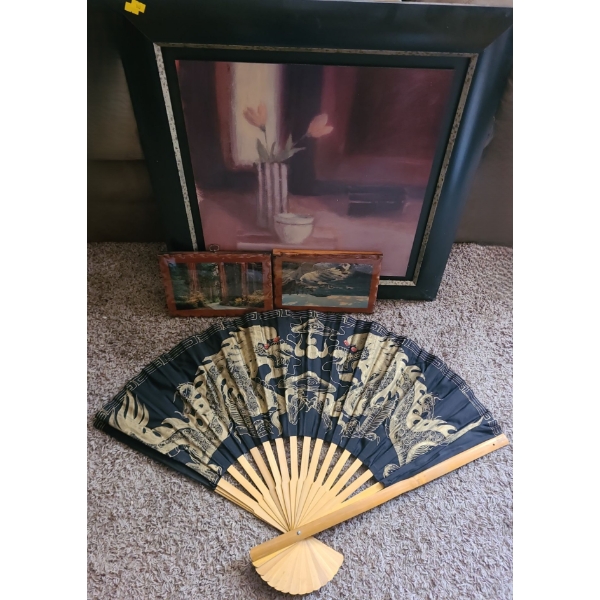 Flower Picture Laminate on Board 27 X 27, Large Decor Fan 40 X 24, Two Nature Pictures 10.5 X 7.5 