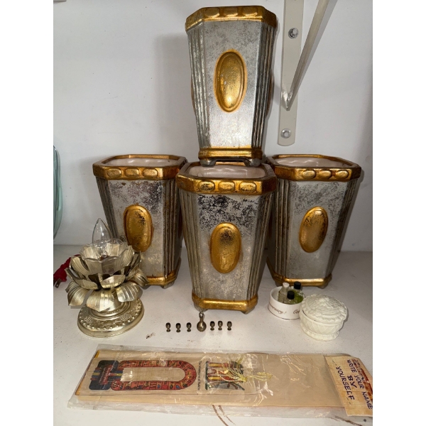 4 Rectangular Fluted Vessels 10T / Vases w/ Brass Light & More