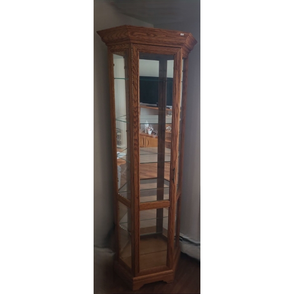 Corner Cabinet w/ Glass Shelves and Mirrored Back 23 W, 10 D, 77 T 
