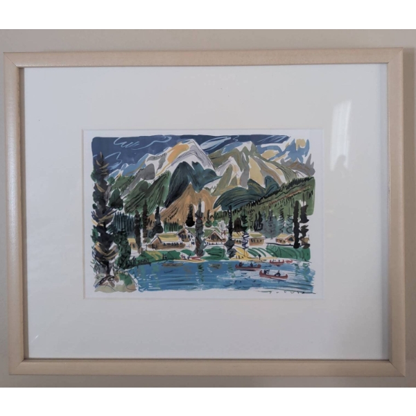 Framed Watercolor Landscape Featuring Lakeside Scene with Canoes