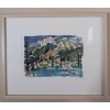 Image 1 : Framed Watercolor Landscape Featuring Lakeside Scene with Canoes