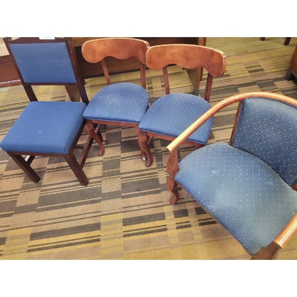 4 Non-Matching Wooden Chairs with Blue Upholstery