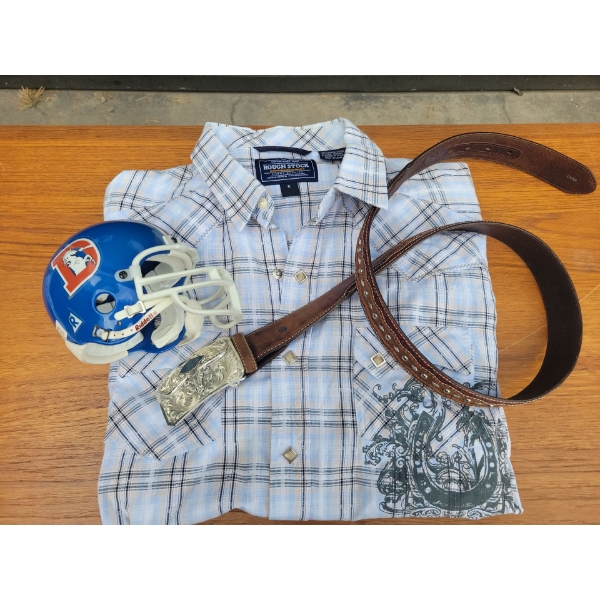 Western Bull Head Belt Buckle w/ Denver Broncos Souvenir Helmet & Flannel Shirt
