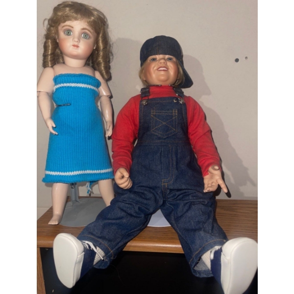 Antique Bisque Doll In Crochet Dress w/ Art Porcelain Boy Doll 18T