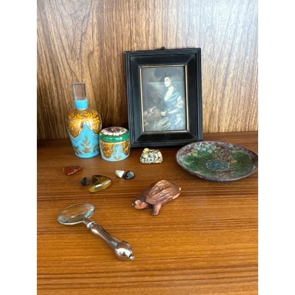 Moser Blue Opaline Enameled Antique Snuff Bottles w/ Fossil Stones Cloisonne PLate &  
