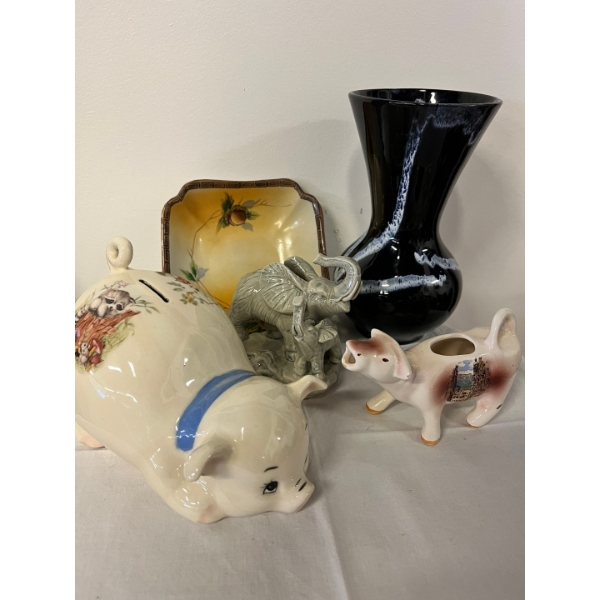 1960s blue Mountain pottery vase, cow creamer, ceramic mama elephant with baby & ceramic piggy bank