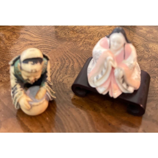 Two Small Collectible Bone Asian Figures on stands  3"tall