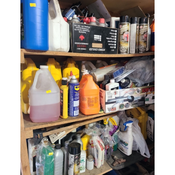 Contents of Garage Shelf Including: Washer Fluid, WD-40, Round Up and More!