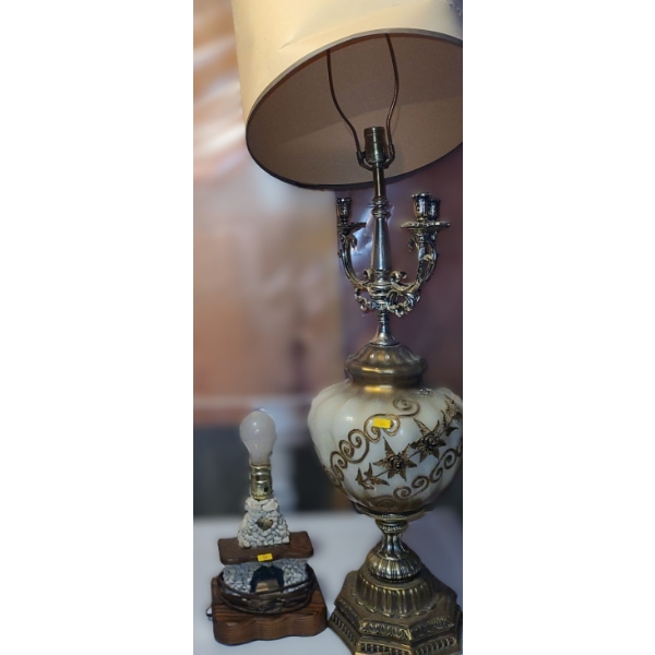 Fireplace- Look Small Lamp and Large Vintage Glass and Metal Lamp 42 T to Top of Shade 
