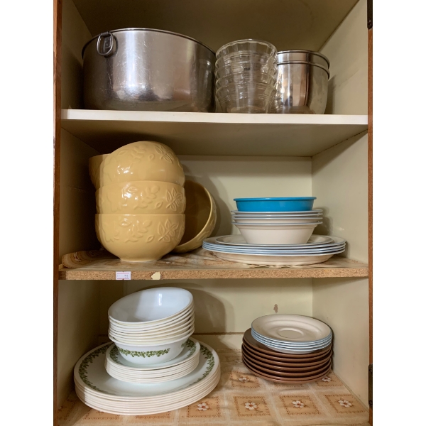 Vintage Corelle Dinnerware, Glassware, Mugs, and Stainless Steel Bowls