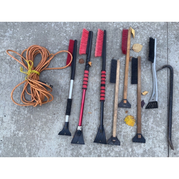Assorted Window Scrapers, Crow Bar, & Extension cord