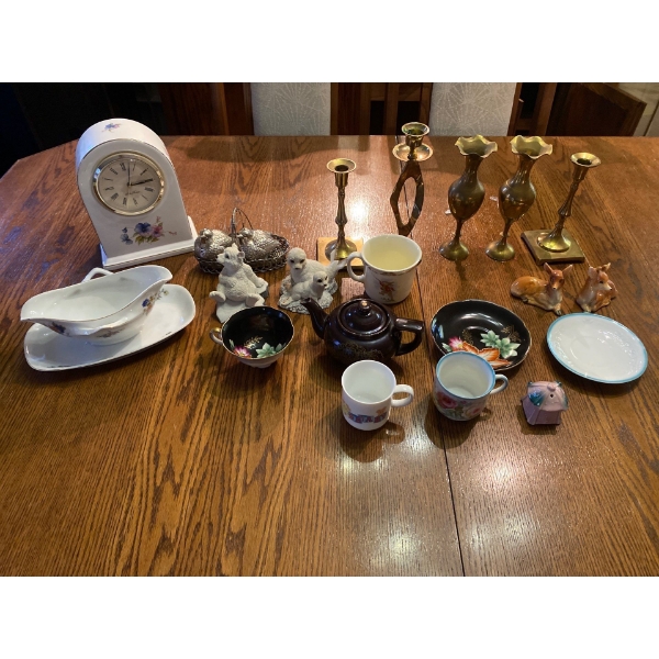 China Cabinet Finds - Brass Vessels Mantel Clock Gravy Boat Tiny Teapot & More 