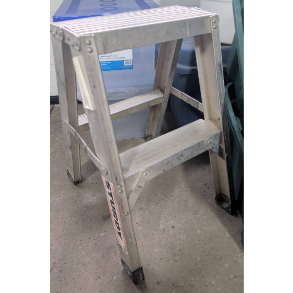 Utility Items Including Storage Bins, Aluminum Step Stool, and Folding Chair