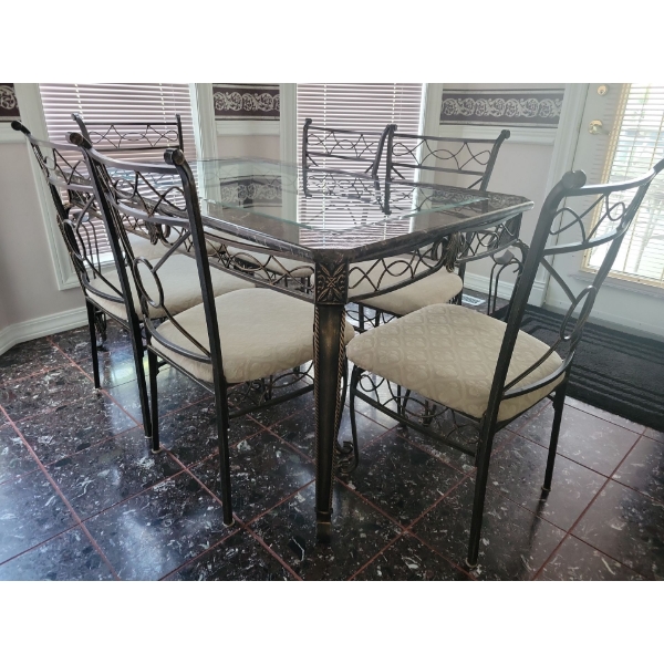 Fancy Metal & Glass Kitchen Table w/Six Cushioned Chairs  61"x 36"x 33"tall