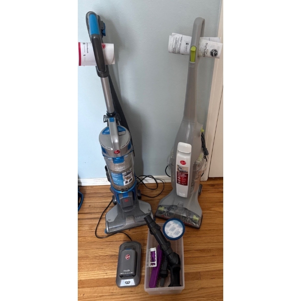 Two Hoover Upright Vacuums w/ Battery Charger & Attachments