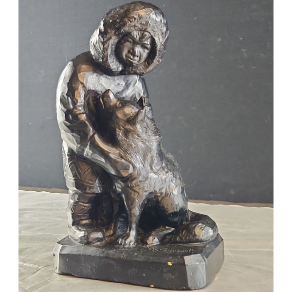 Vintage Signed Sculpture Depicting an Inuit Man and His Loyal Friend ( 13.5"H x 7.5"W)