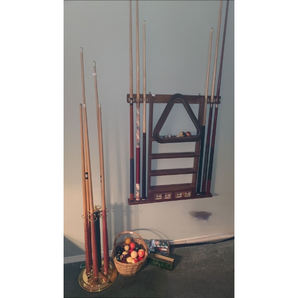 Wall Pool Cue Holder 27 X 32, Sticks and Accessories Included 