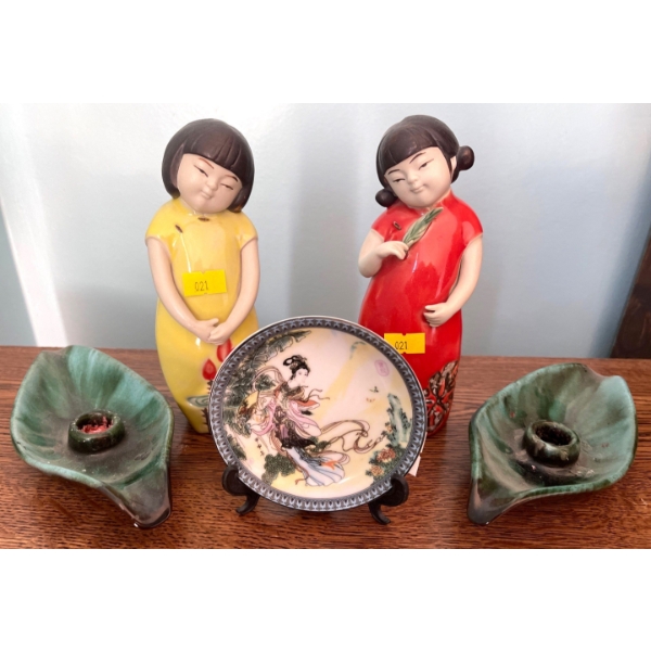 Two Colorful Asain Sister Figurines w/ Chinese Plate & Two Blue Mountain Pottery Candle Holders (8" 