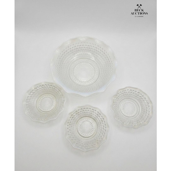 Vintage Anchor Hocking Moonstone Opalescent Hobnail Bowl Set 9.5 INCHES IN W , SMALLM 6''INCHES IN W